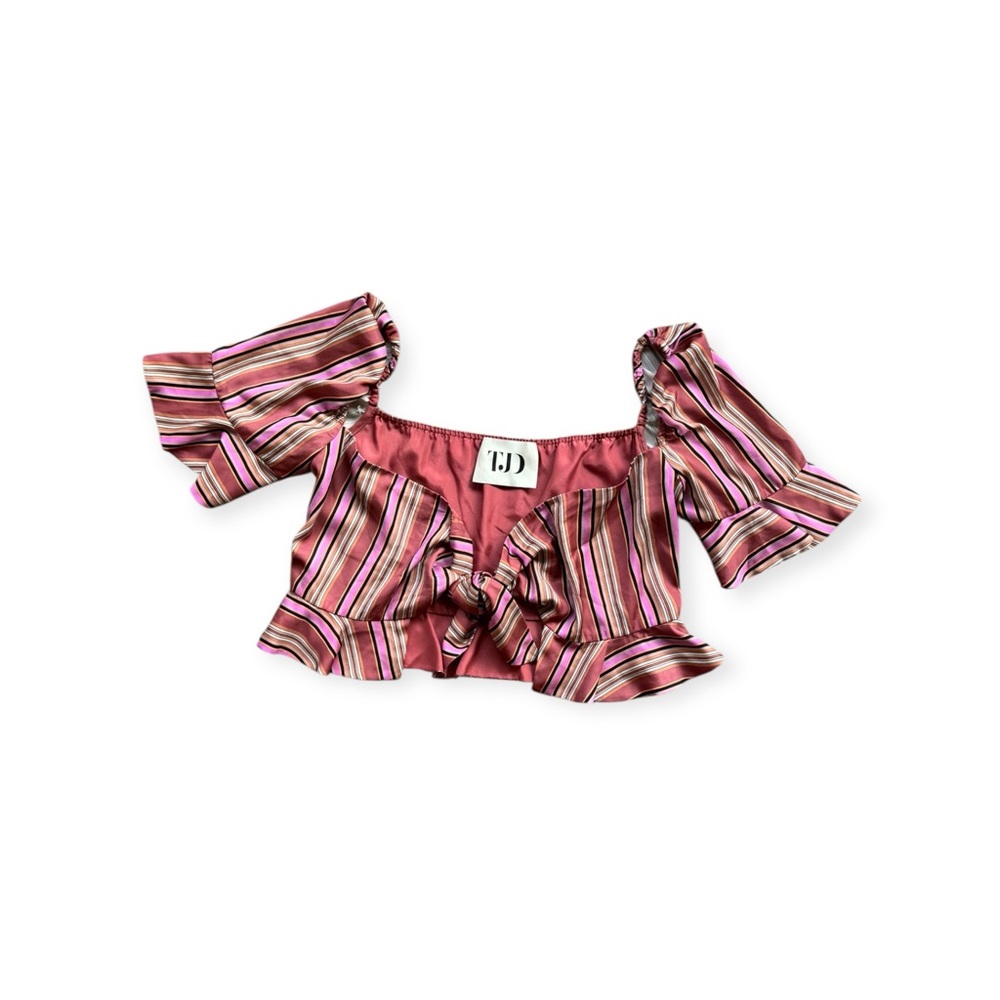 TJD Pink Off-Shoulder crop Top tie front small  stripes